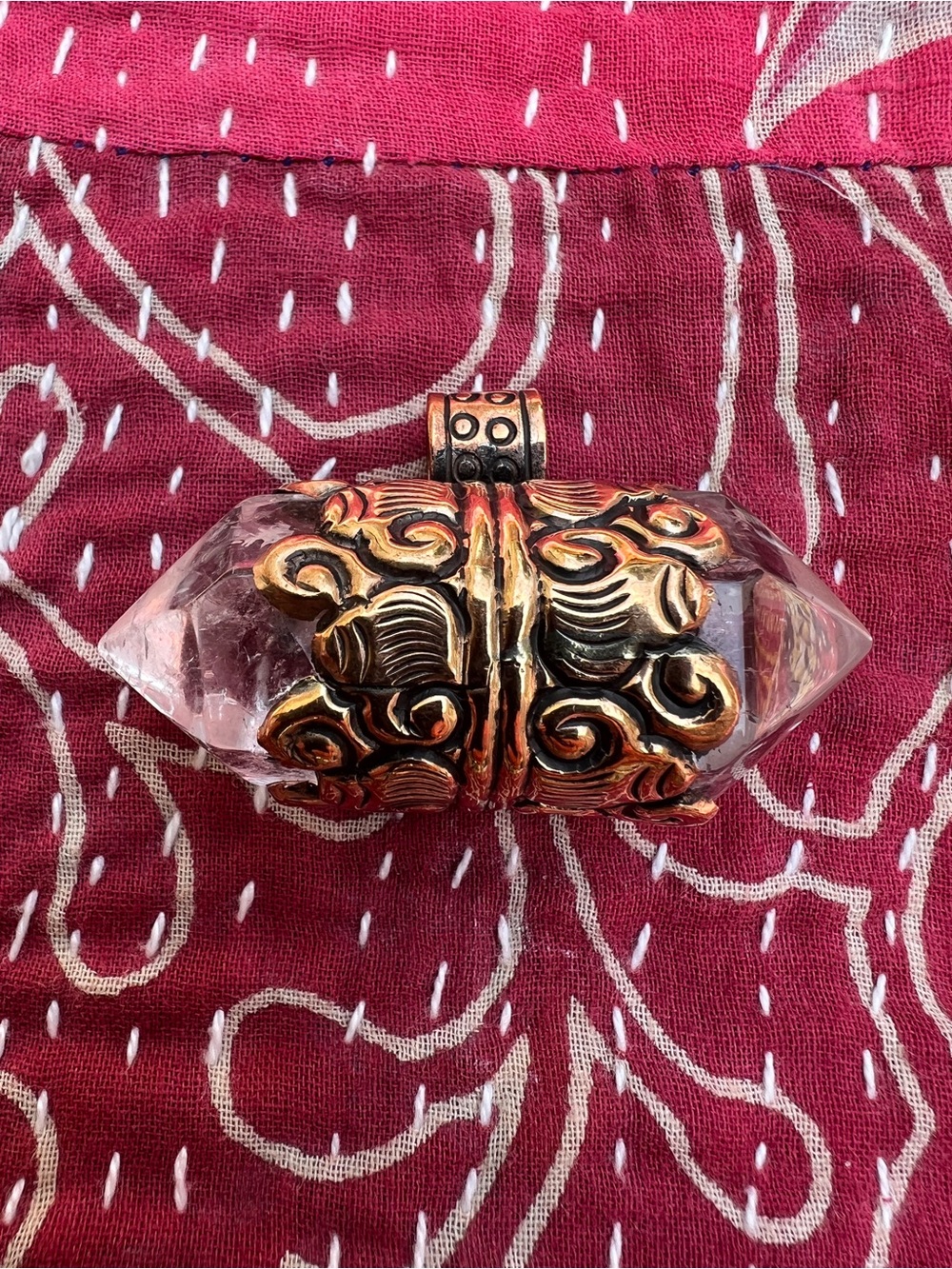 Tibetan Copper Crystal Point Pendant with Ornate Filigree